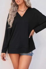 Solid Drop Shoulder V Neck Split Long Sleeve Blous - Fit Me For 20