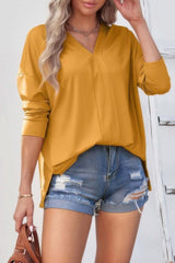 Solid Drop Shoulder V Neck Split Long Sleeve Blous - Fit Me For 20
