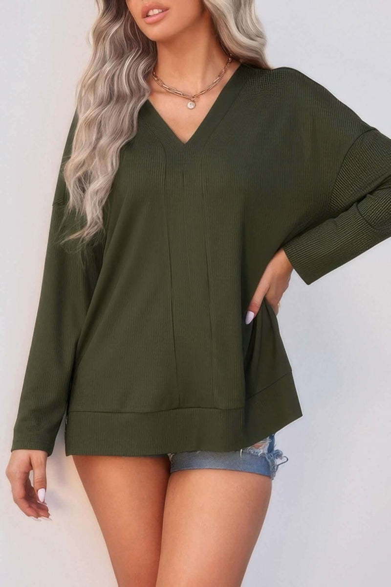 Solid Drop Shoulder V Neck Split Long Sleeve Blous - Fit Me For 20