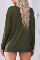 Solid Drop Shoulder V Neck Split Long Sleeve Blous - Fit Me For 20