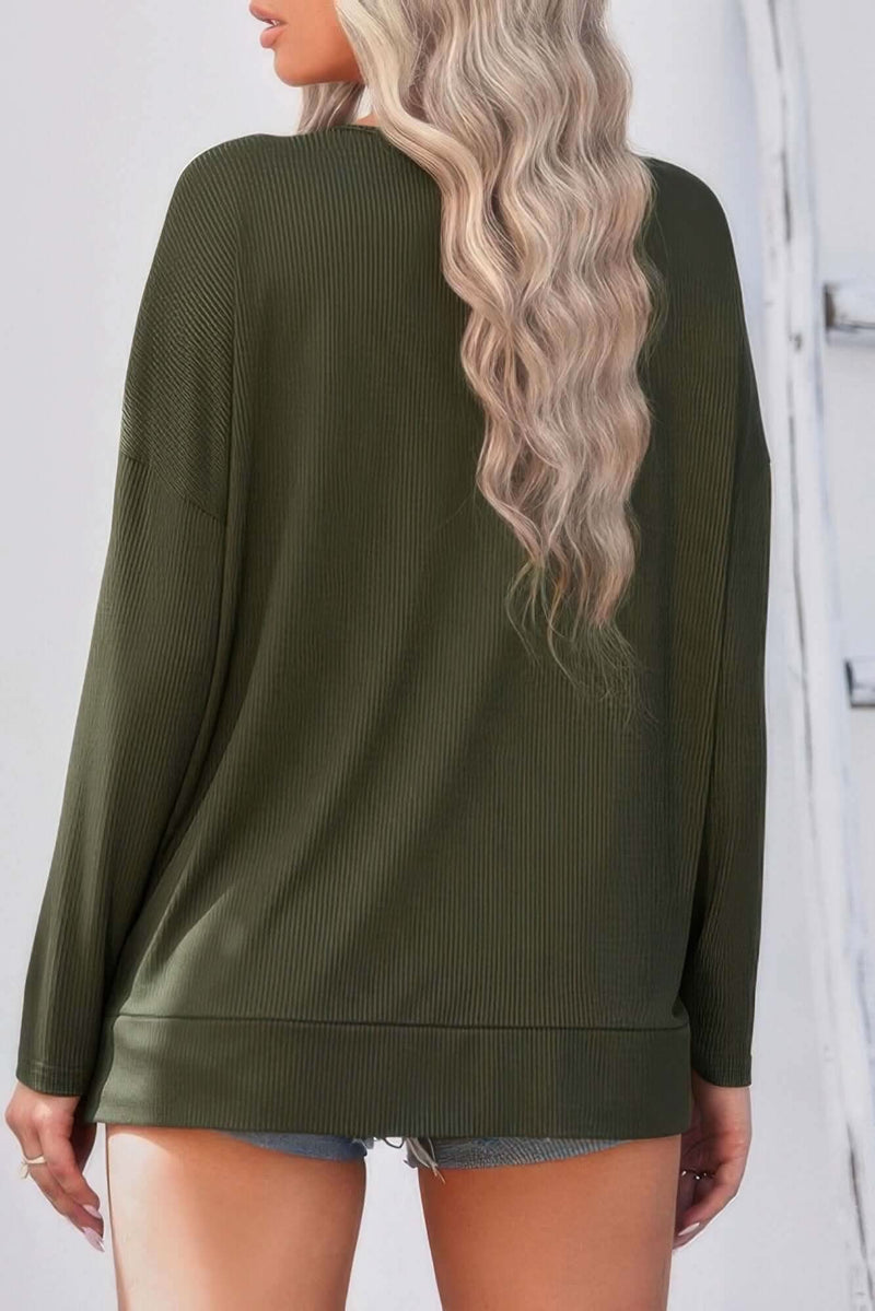 Solid Drop Shoulder V Neck Split Long Sleeve Blous - Fit Me For 20