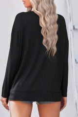 Solid Drop Shoulder V Neck Split Long Sleeve Blous - Fit Me For 20