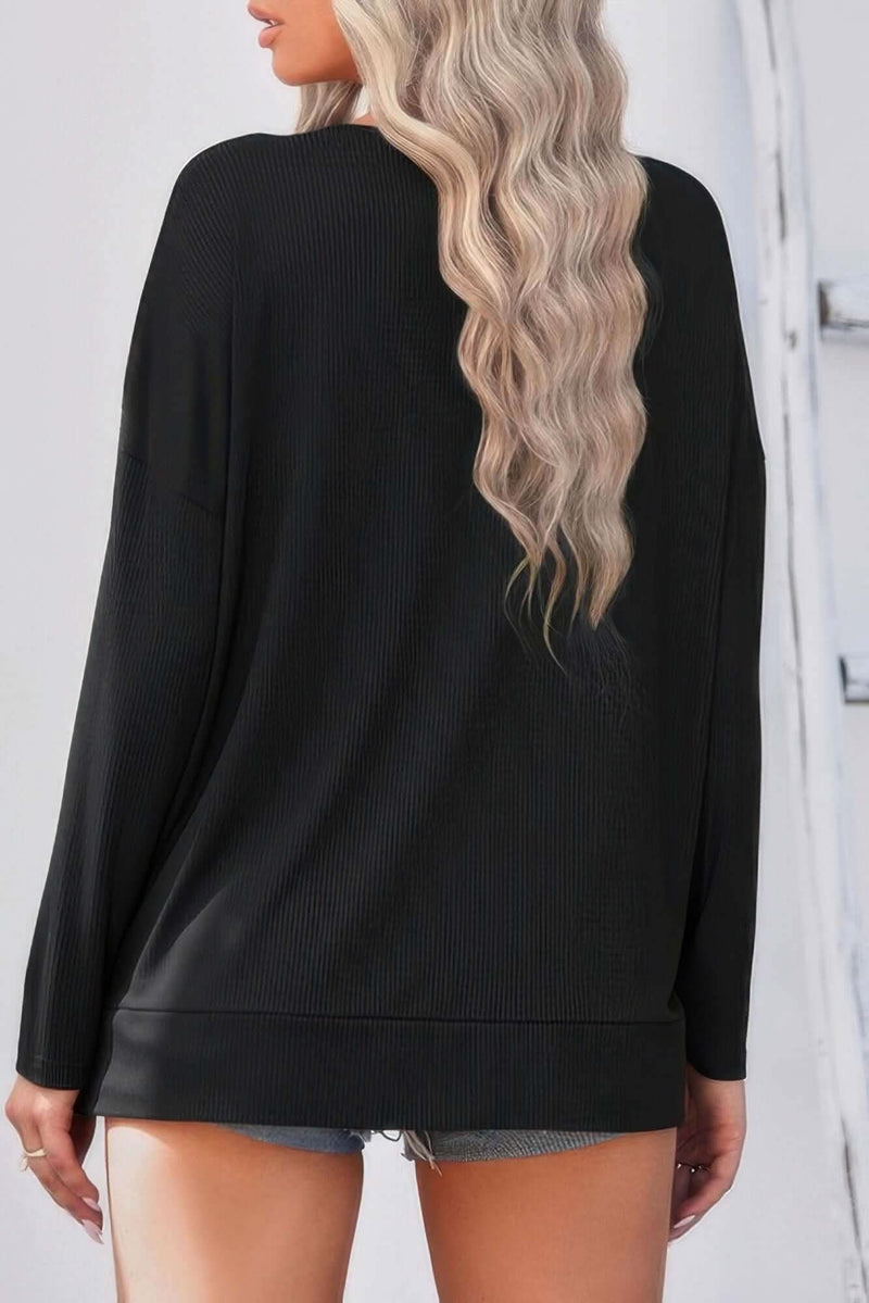 Solid Drop Shoulder V Neck Split Long Sleeve Blous - Fit Me For 20