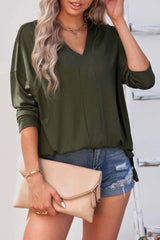 Solid Drop Shoulder V Neck Split Long Sleeve Blous - Fit Me For 20
