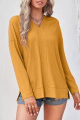 Solid Drop Shoulder V Neck Split Long Sleeve Blous - Fit Me For 20