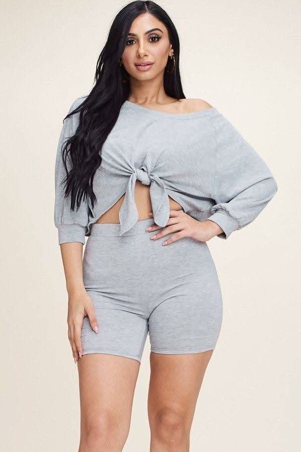 Solid French Terry Tie Front Off The Shoulder Slouchy Top And Shorts Two Piece Set - Fit Me For 20