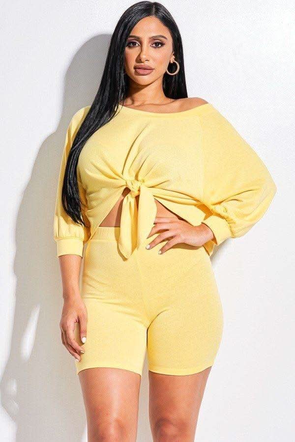 Solid French Terry Tie Front Off The Shoulder Slouchy Top And Shorts Two Piece Set - Fit Me For 20