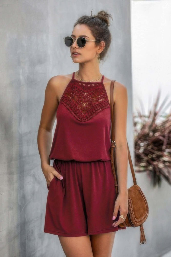 Solid Halter Lace Sleeveless Patchwork Romper - Fit Me For 20