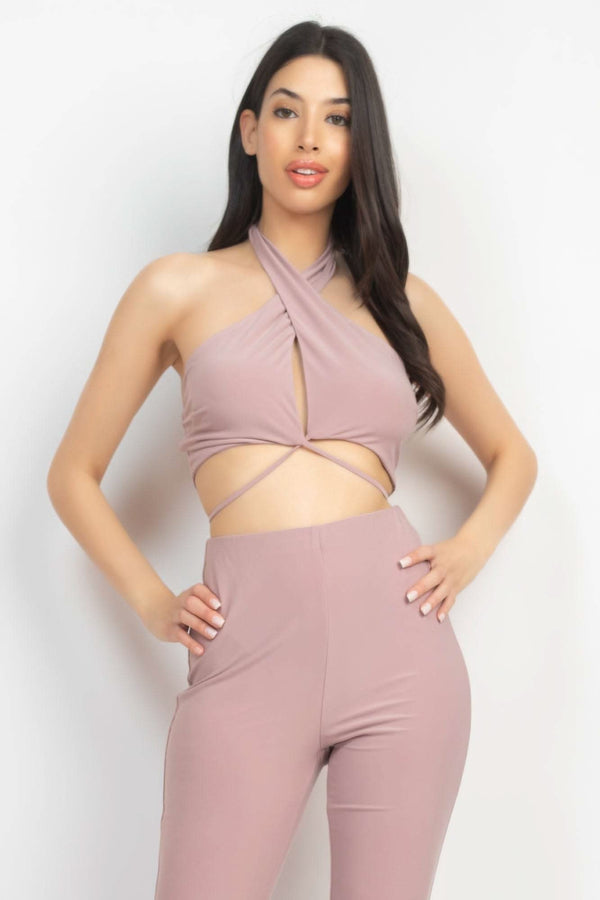 Solid Halter Top And Elastic Leggings Set - Fit Me For 20