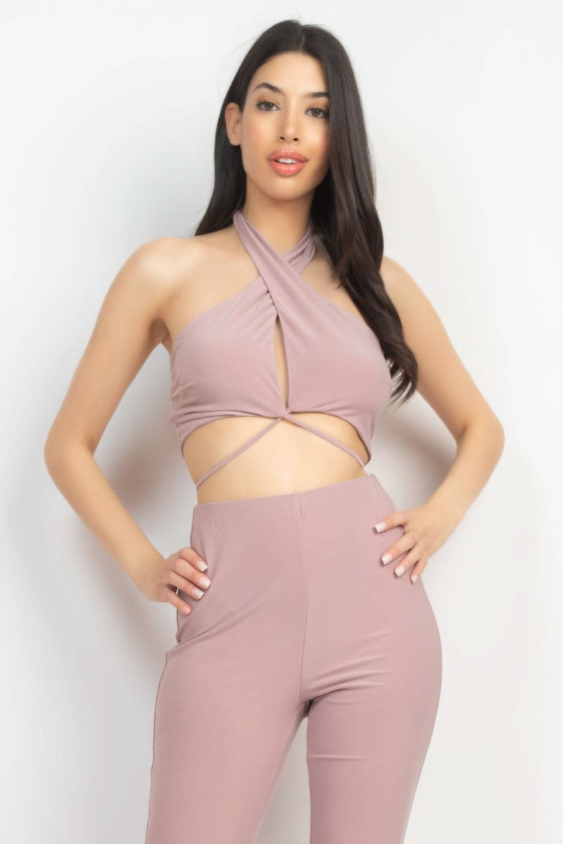Solid Halter Top And Elastic Leggings Set - Fit Me For 20
