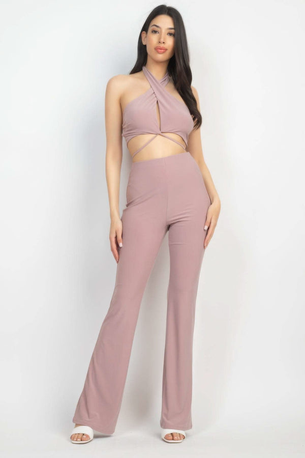 Solid Halter Top And Elastic Leggings Set - Fit Me For 20