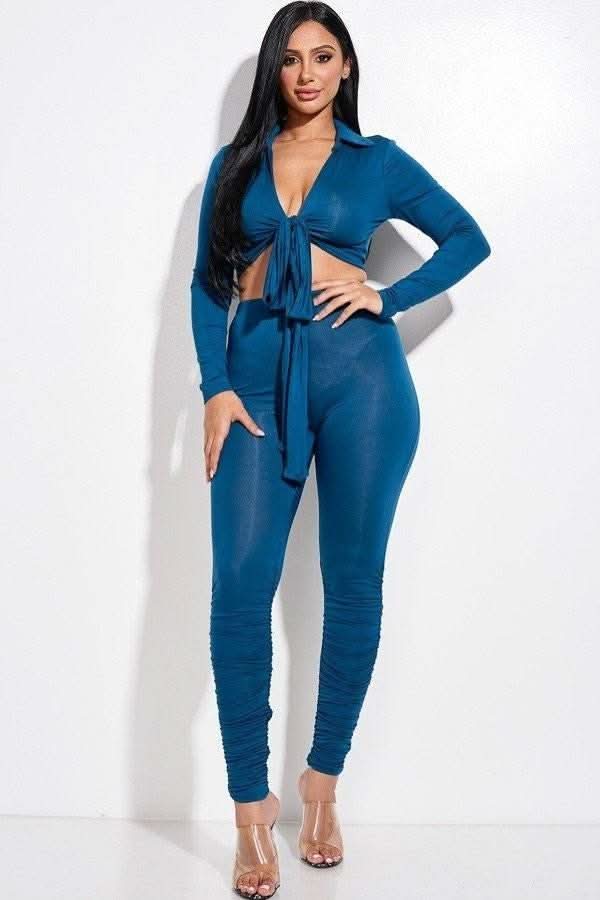 Solid Heavy Rayon Spandex Collared Tie Front Top And Ruched Pants Two Piece Set - Fit Me For 20
