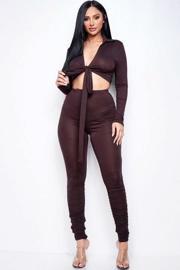 Solid Heavy Rayon Spandex Collared Tie Front Top And Ruched Pants Two Piece Set - Fit Me For 20