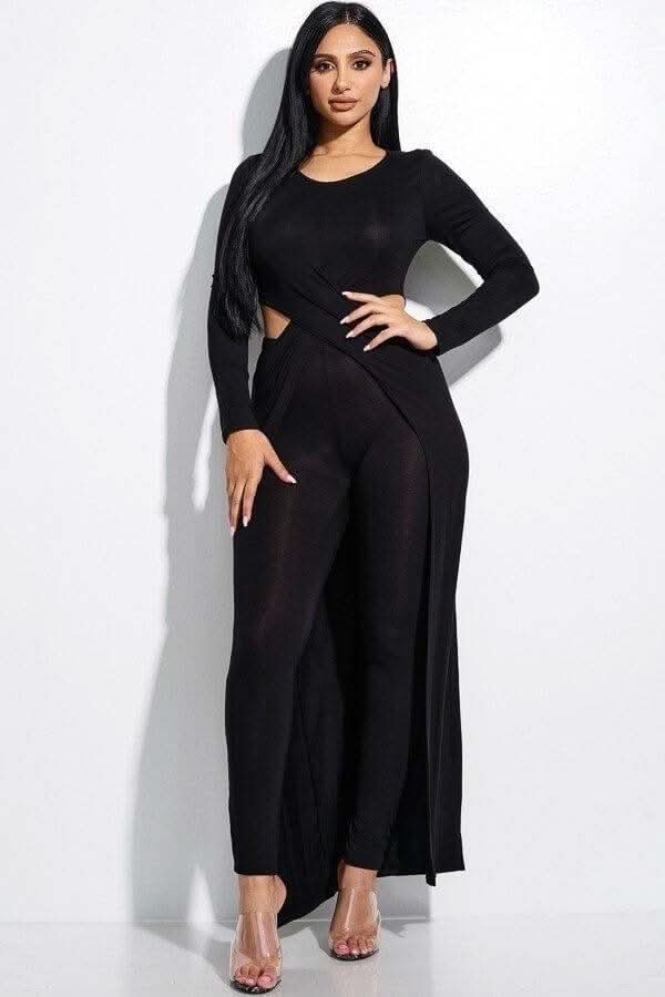 Solid Heavy Rayon Spandex Long Sleeve Crossed Over Long Top And Leggings 2 Piece Set - Fit Me For 20