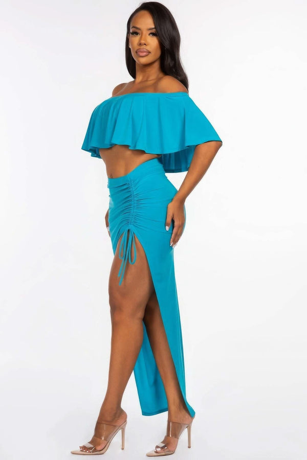 Solid Ity Off The Shoulder Ruffled Cropped Top And Ruched Maxi Skirt Two Piece Set - Fit Me For 20