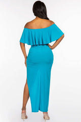 Solid Ity Off The Shoulder Ruffled Cropped Top And Ruched Maxi Skirt Two Piece Set - Fit Me For 20