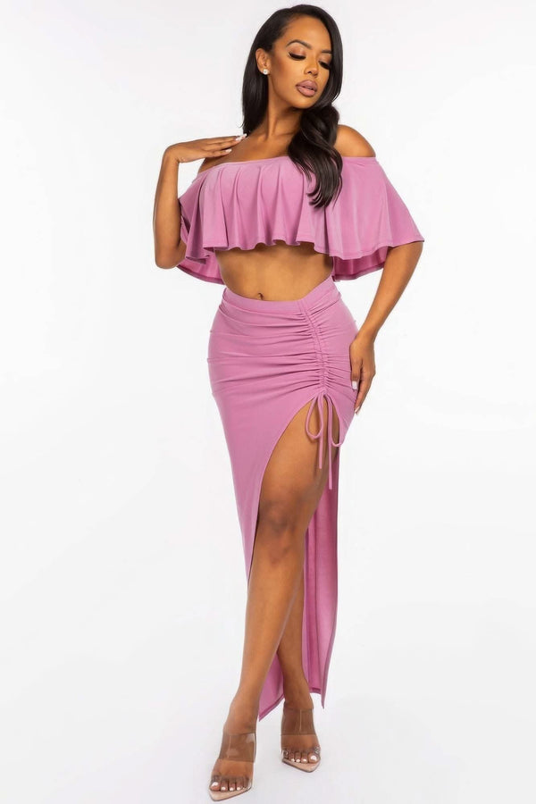 Solid Ity Off The Shoulder Ruffled Cropped Top And Ruched Maxi Skirt Two Piece Set - Fit Me For 20