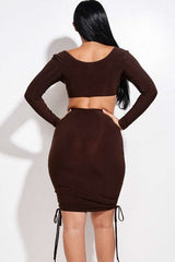 Solid Long Sleeve Ruched Short Dress With O Ring - Fit Me For 20