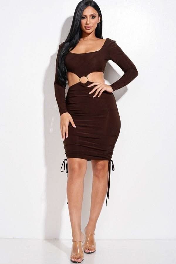 Solid Long Sleeve Ruched Short Dress With O Ring - Fit Me For 20
