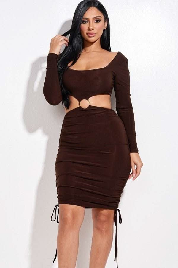 Solid Long Sleeve Ruched Short Dress With O Ring - Fit Me For 20