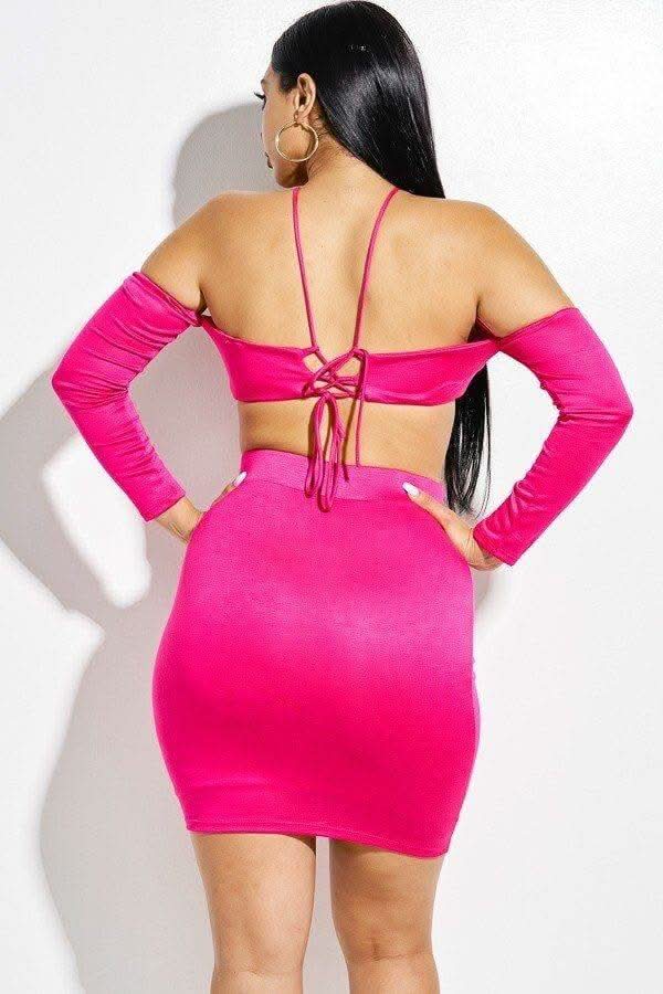 Solid Rayon Spandex Spaghetti Strap Halter Neck Off The Shoulder Top And Skirt 2 Piece Set - Fit Me For 20