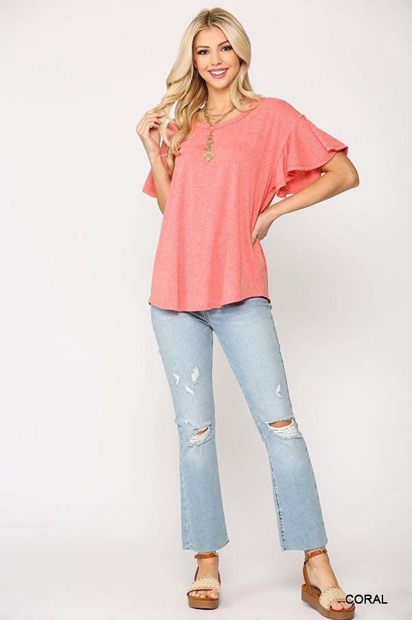 Solid Round Neck Frill Sleeve Top With Scoop Hem - Fit Me For 20