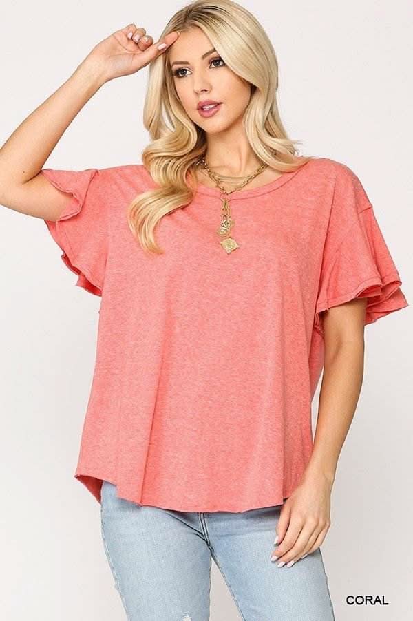 Solid Round Neck Frill Sleeve Top With Scoop Hem - Fit Me For 20