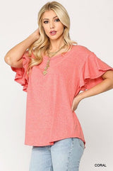 Solid Round Neck Frill Sleeve Top With Scoop Hem - Fit Me For 20