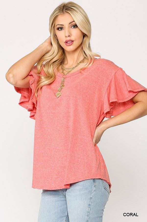 Solid Round Neck Frill Sleeve Top With Scoop Hem - Fit Me For 20