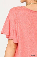 Solid Round Neck Frill Sleeve Top With Scoop Hem - Fit Me For 20