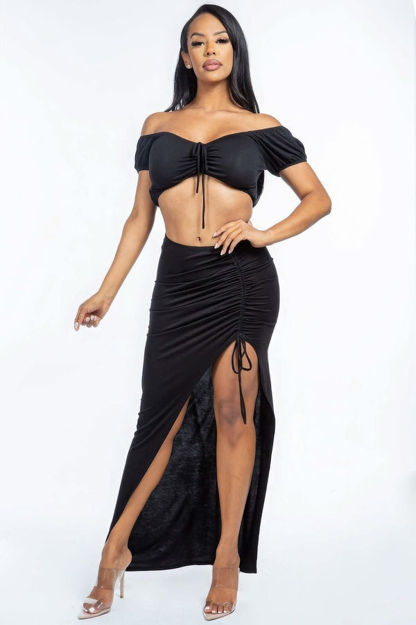 Solid Ruched Front Off The Shoulder Short Sleeve Cropped Top And Side Ruched Asymmetrical Skirt Two Piece Set - Fit Me For 20