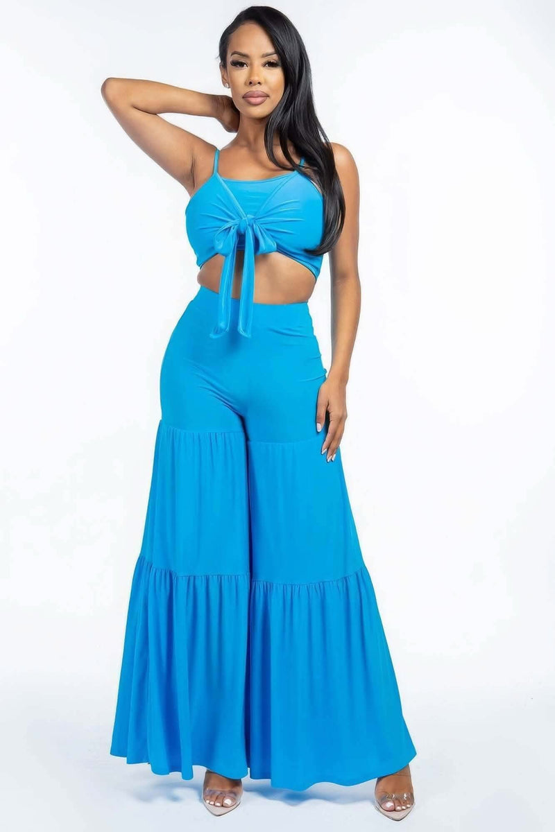Solid Tie Front Spaghetti Strap Tank Top And Tiered Wide Leg Pants Two Piece Set - Fit Me For 20