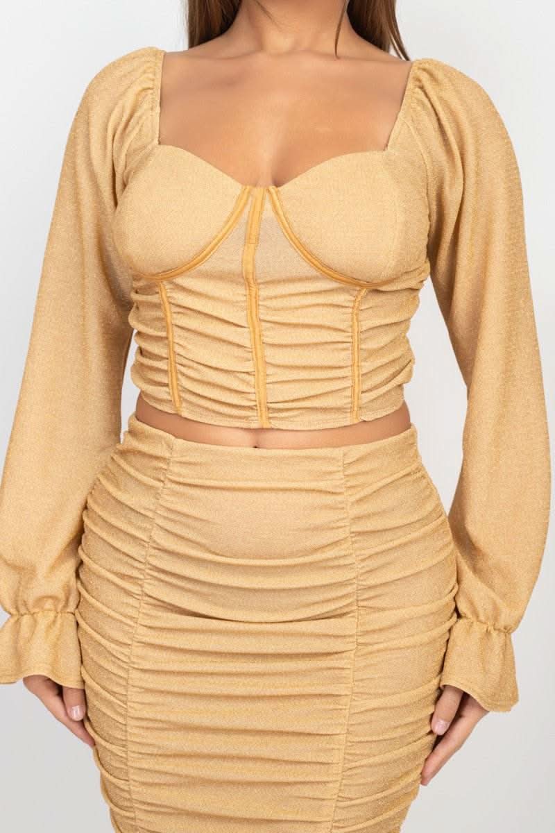 Sparkling Long Sleeves Ruching Back & Skirts Set - Fit Me For 20