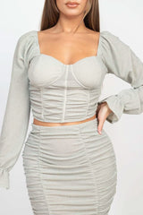 Sparkling Long Sleeves Ruching Back & Skirts Set - Fit Me For 20