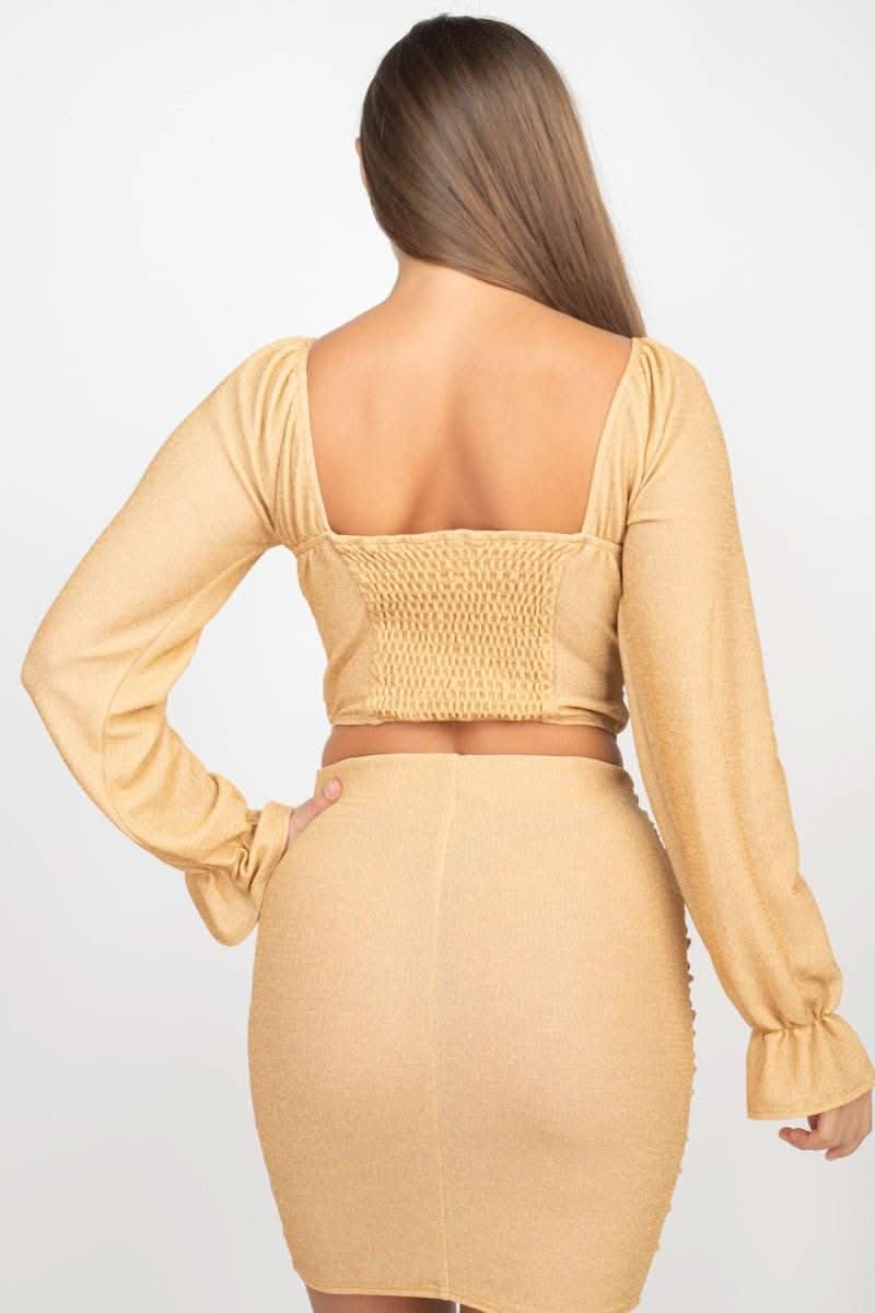 Sparkling Long Sleeves Ruching Back & Skirts Set - Fit Me For 20
