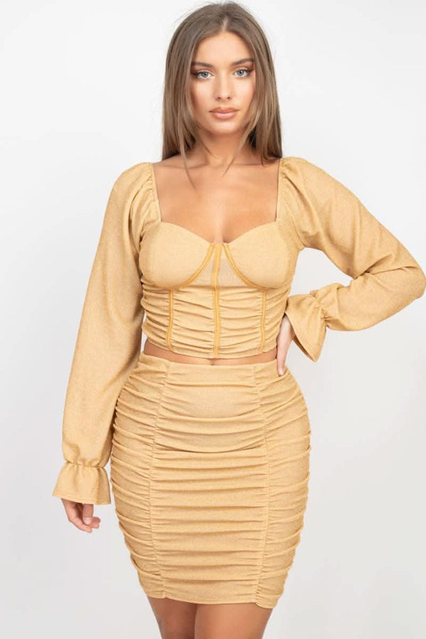 Sparkling Long Sleeves Ruching Back & Skirts Set - Fit Me For 20