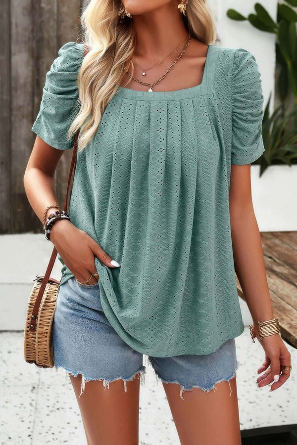 Square Neck Puff Sleeve Tunic Tops Eyelet Shirt - Fit Me For 20