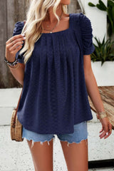 Square Neck Puff Sleeve Tunic Tops Eyelet Shirt - Fit Me For 20