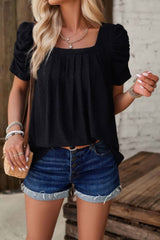 Square Neck Puff Sleeve Tunic Tops Eyelet Shirt - Fit Me For 20