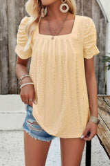Square Neck Puff Sleeve Tunic Tops Eyelet Shirt - Fit Me For 20