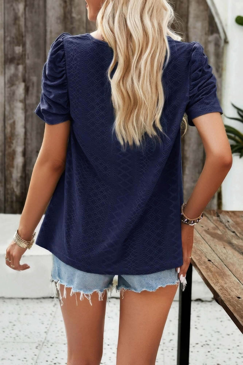 Square Neck Puff Sleeve Tunic Tops Eyelet Shirt - Fit Me For 20