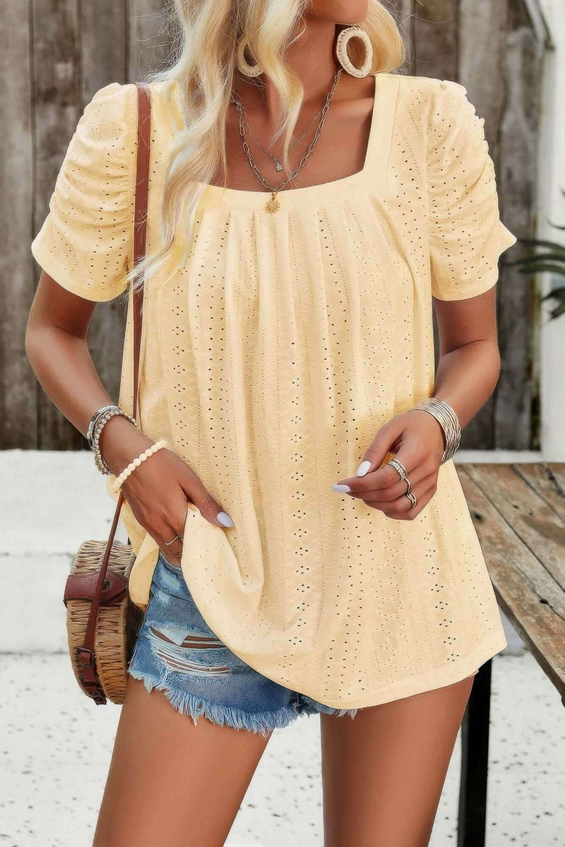 Square Neck Puff Sleeve Tunic Tops Eyelet Shirt - Fit Me For 20