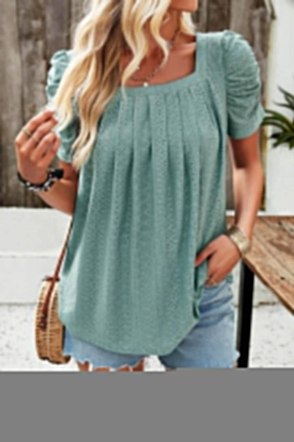 Square Neck Puff Sleeve Tunic Tops Eyelet Shirt - Fit Me For 20