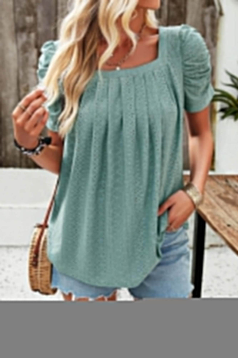 Square Neck Puff Sleeve Tunic Tops Eyelet Shirt - Fit Me For 20
