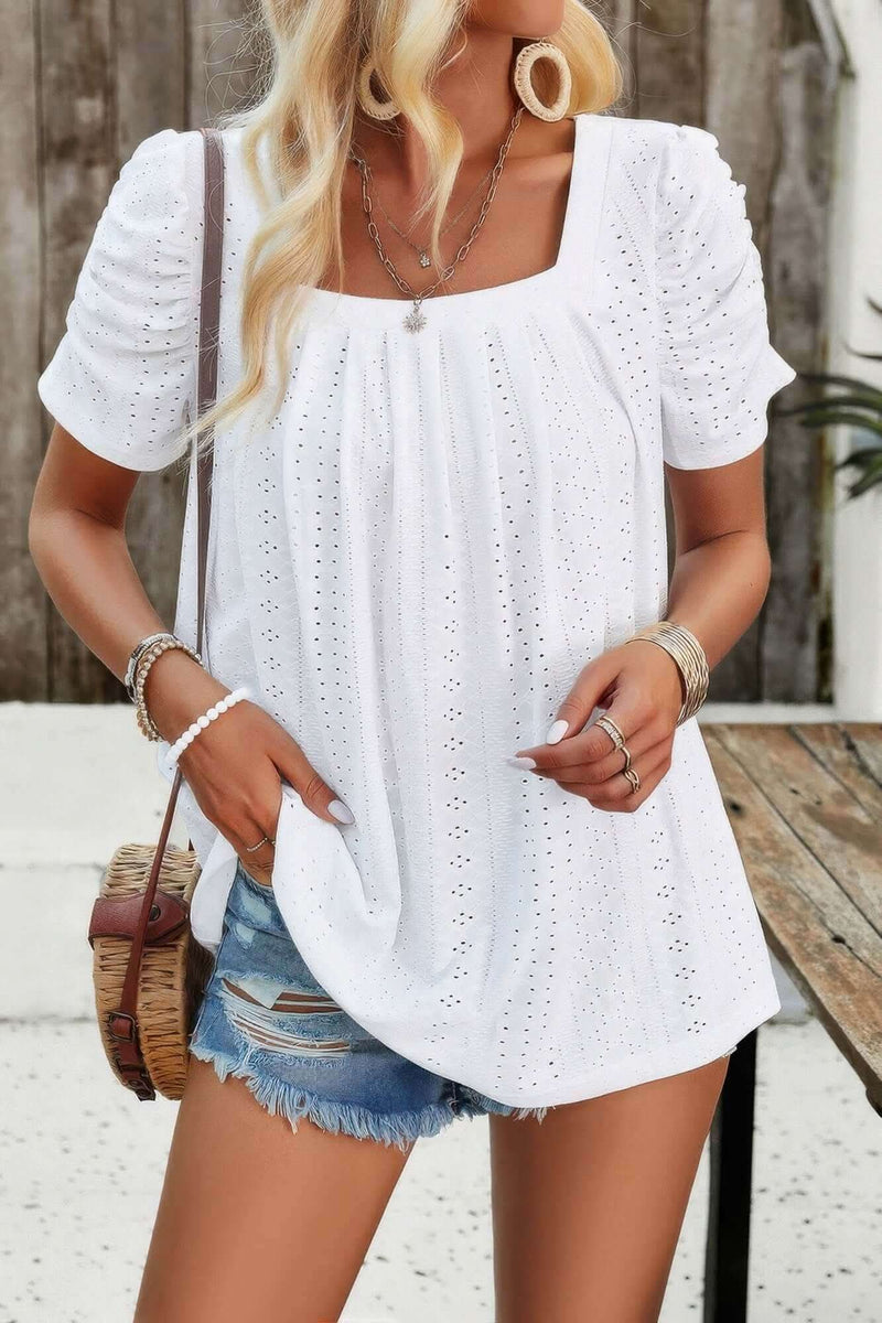 Square Neck Puff Sleeve Tunic Tops Eyelet Shirt - Fit Me For 20