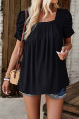 Square Neck Puff Sleeve Tunic Tops Eyelet Shirt - Fit Me For 20