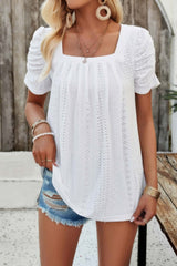 Square Neck Puff Sleeve Tunic Tops Eyelet Shirt - Fit Me For 20