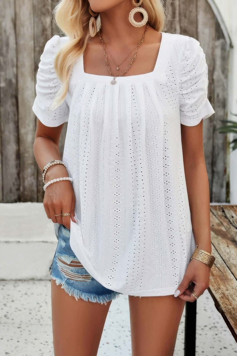Square Neck Puff Sleeve Tunic Tops Eyelet Shirt - Fit Me For 20