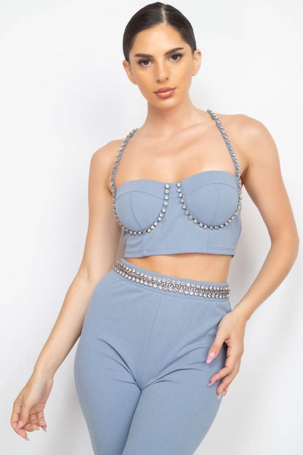 Stone Embellished Top And Pants Set - Fit Me For 20