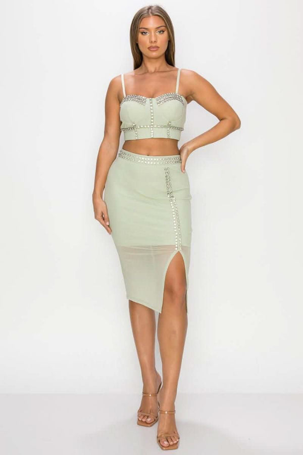 Studded Stone Cami Top & Slit Mini Skirts Set - Fit Me For 20